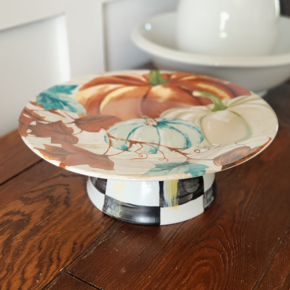 New! Black&white checked ceramic serving tray with Fall pumpkins!